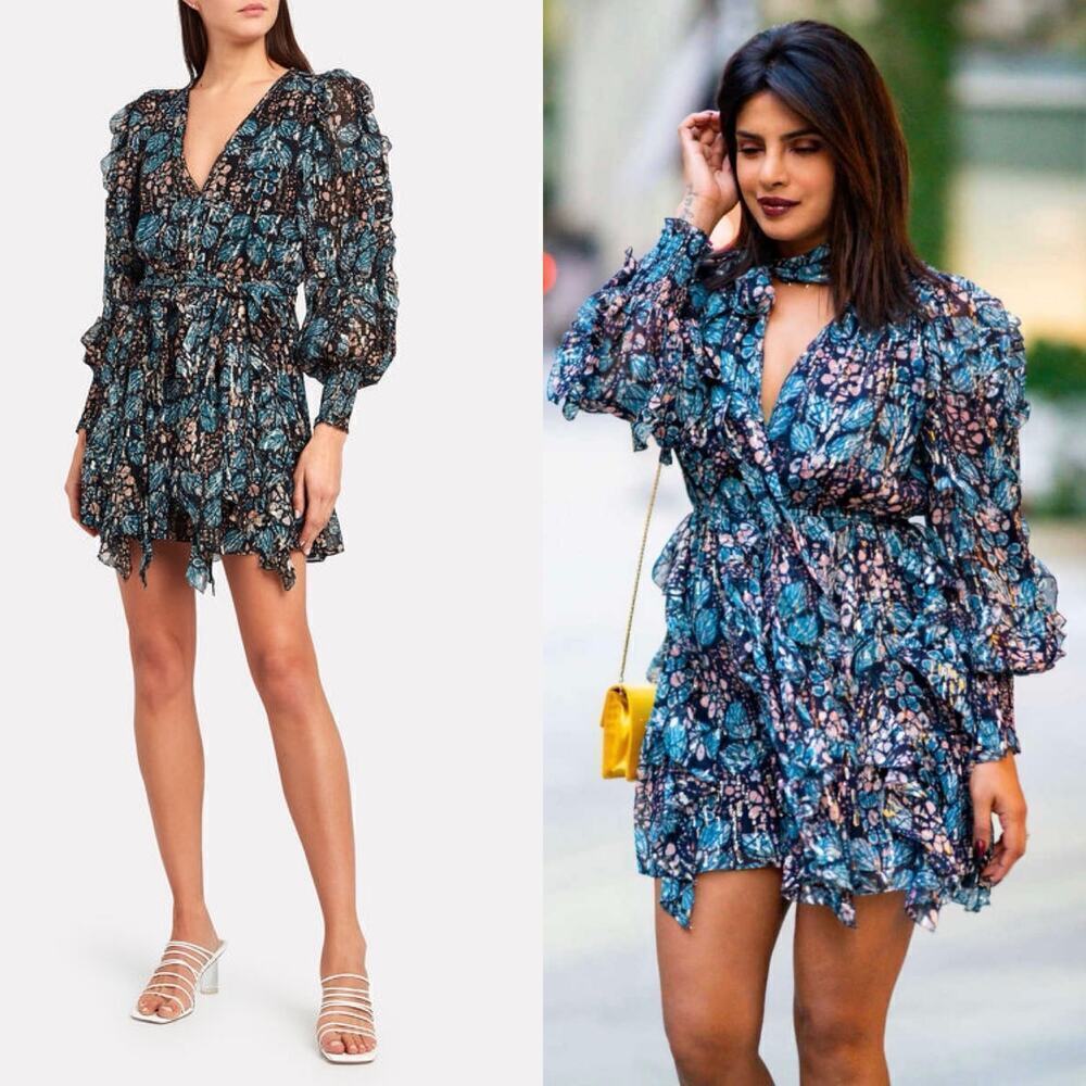 Ulla Johnson Natalia Mini Dress Floral Shibori Blue Size 6 Silk Belted Ruffle